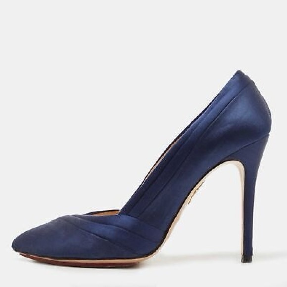 CHARLOTTE OLYMPIA NAVY BLUE SATIN DEBONAIRE PUMPS SIZE 38.5 - Picture 2 of 9